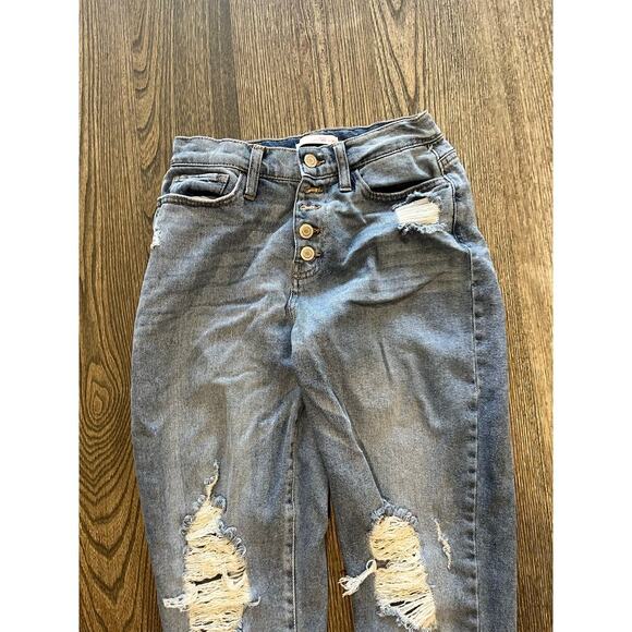 SO High-Rise Curvy Mom Jeans Destruct Button Fly Raw Hem Denim Blue Size 3/26W - Picture 2 of 11